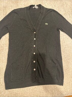 Lacoste Black V-Neck Button Cardigan with Patch Pockets